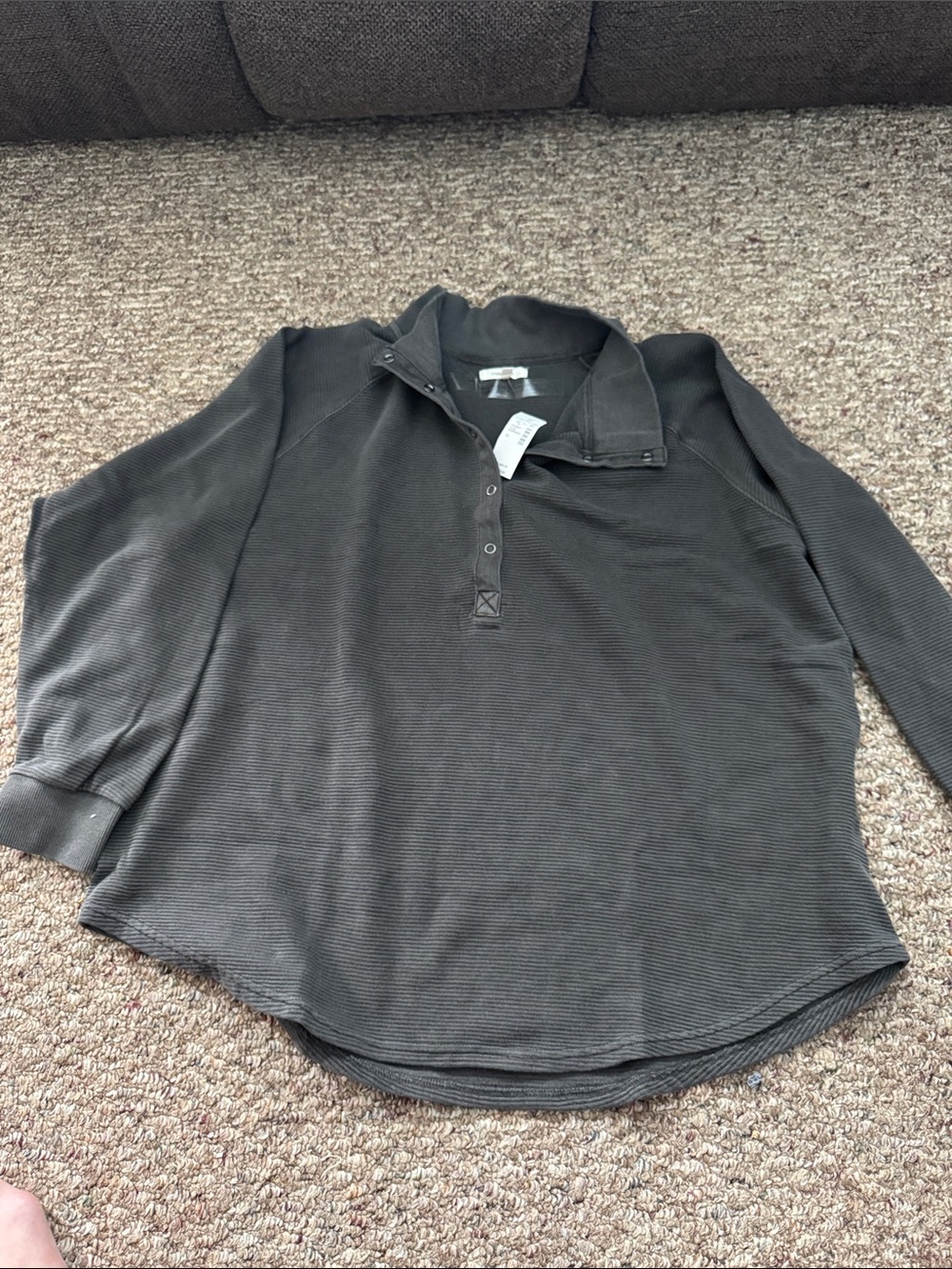 Maurices Olive Ribbed Snap-Placket Pullover Hoodie